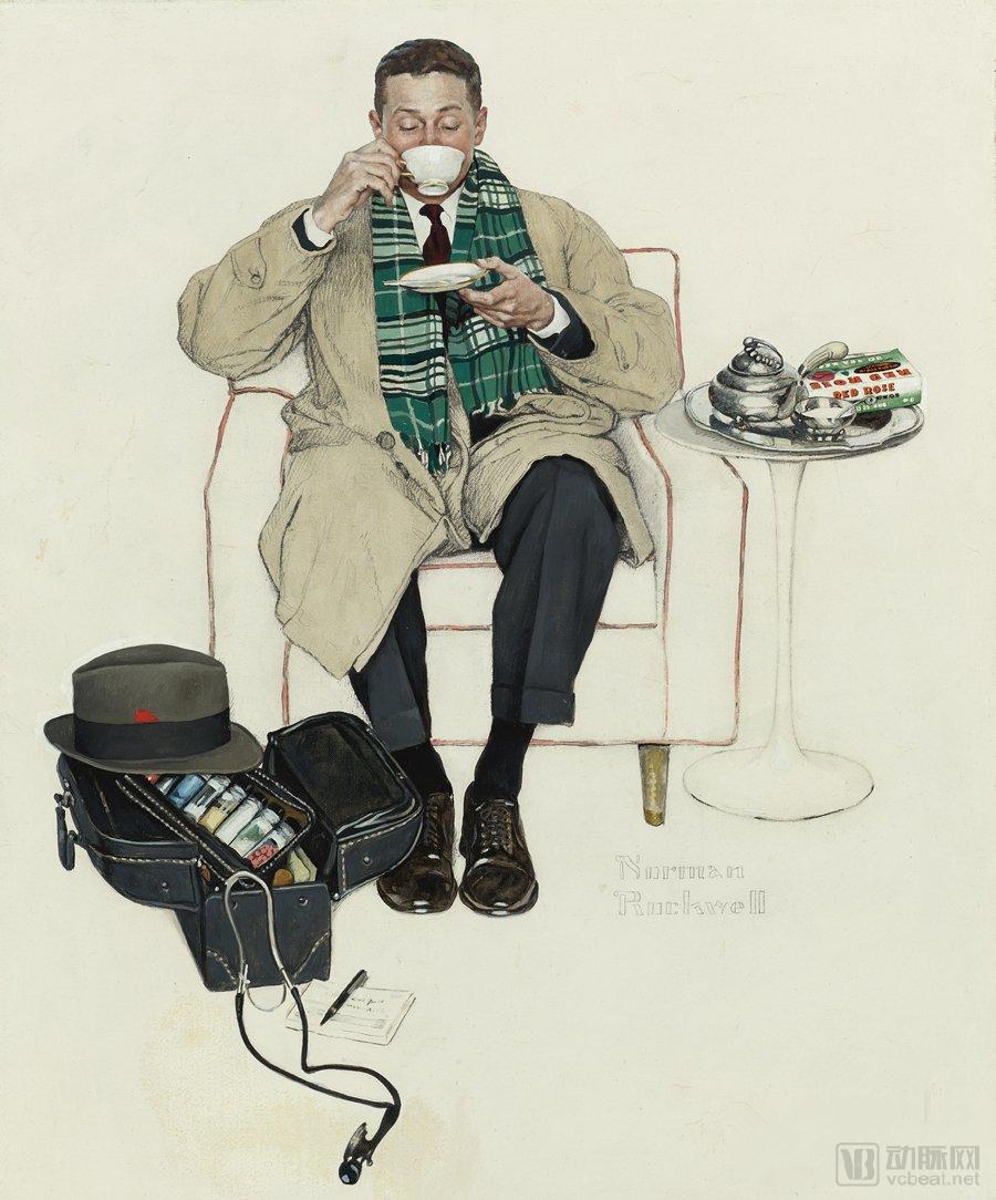 诺曼·洛克威尔 - 在茶歇的医生 - Doctor Relaxing with Tea.jpg